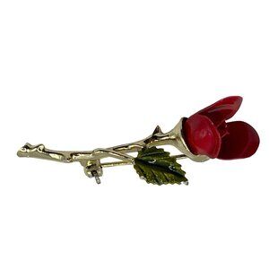 Vintage Enamel Red Rose Brooch Pin Gold Tone Stem & Leaf